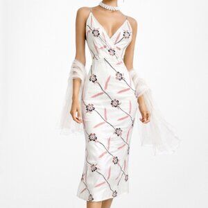 Vintage Y2K Pink Silk Floral Beaded Midi Bodycon Formal Cocktail Dress Size S